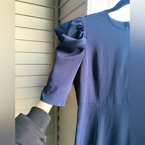 🆕 AQUA Navy Blue Flutter Sleeve Fit & Flare Dress XS Stretchy Short Sleeve Midi - Picture 9 of 15